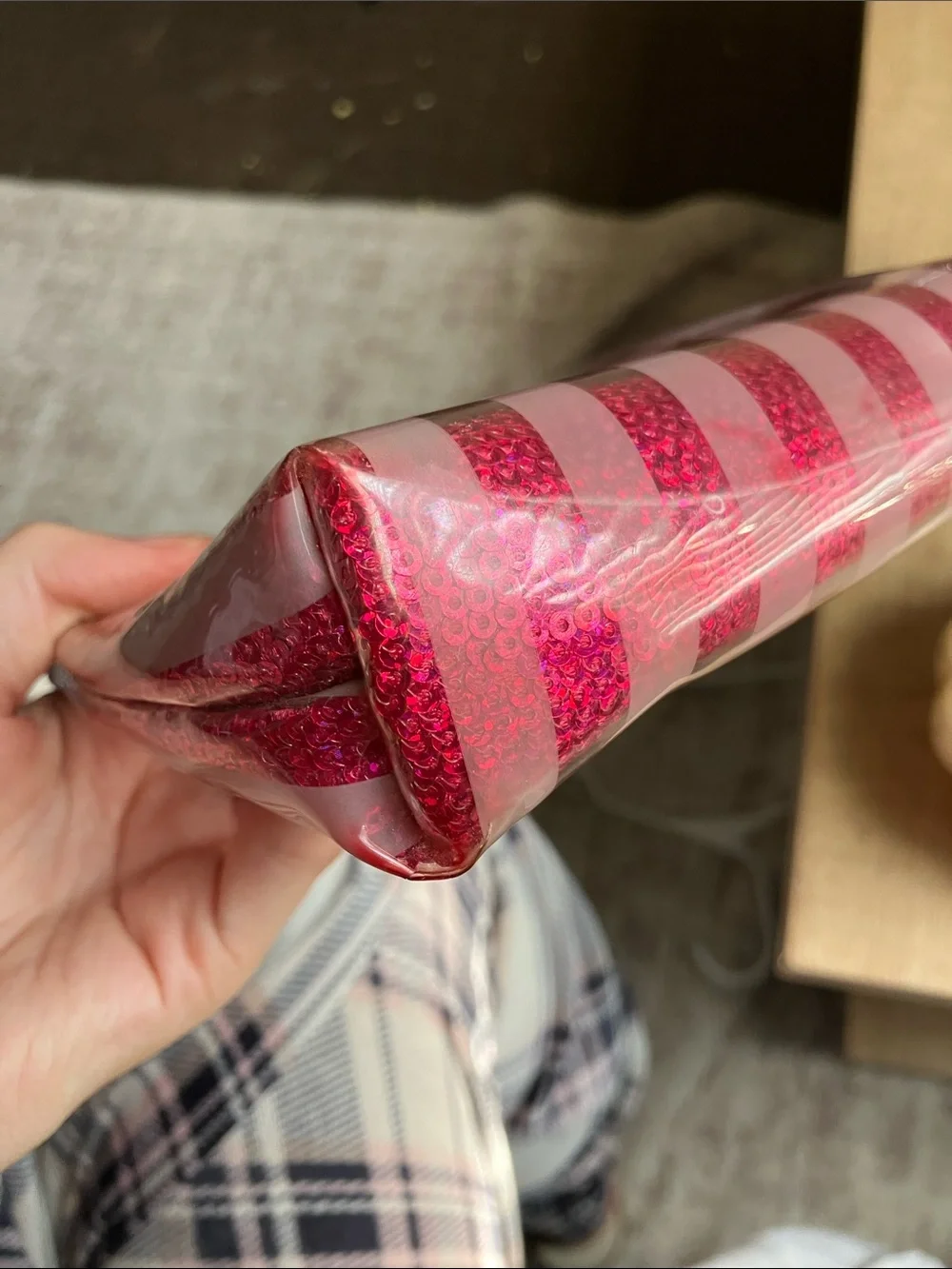 (MAJOR WEAR LOOK AT DESCRIPTION) Victoria Secret Pink Glitter Stripe Makeup Pouc